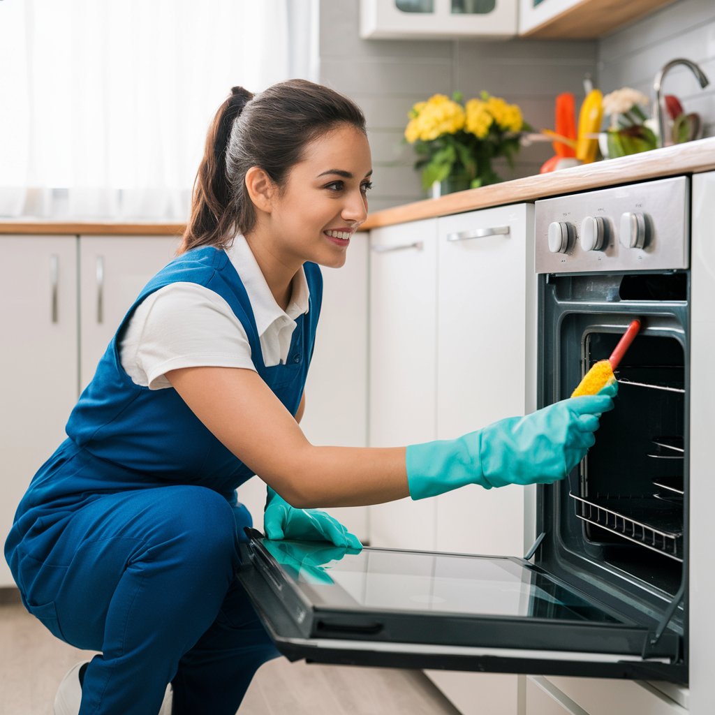 femme de ménage qui nettoie le four avec une éponge dans une grande cuisine 